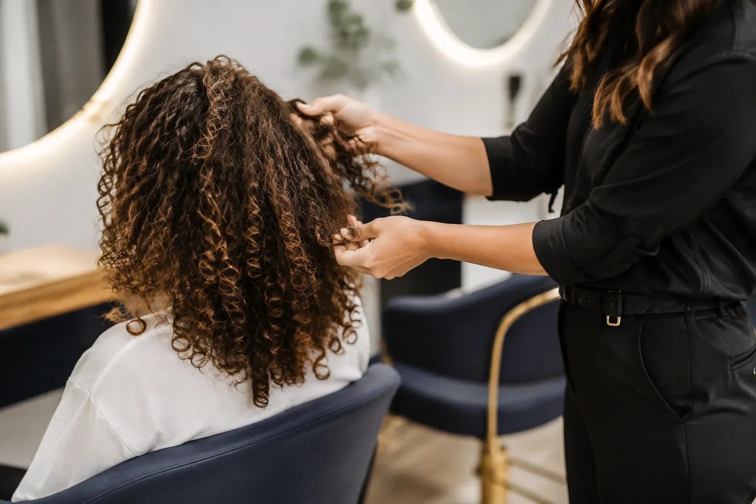 Profesional observando la textura y densidad del cabello durante una valoración Curly.