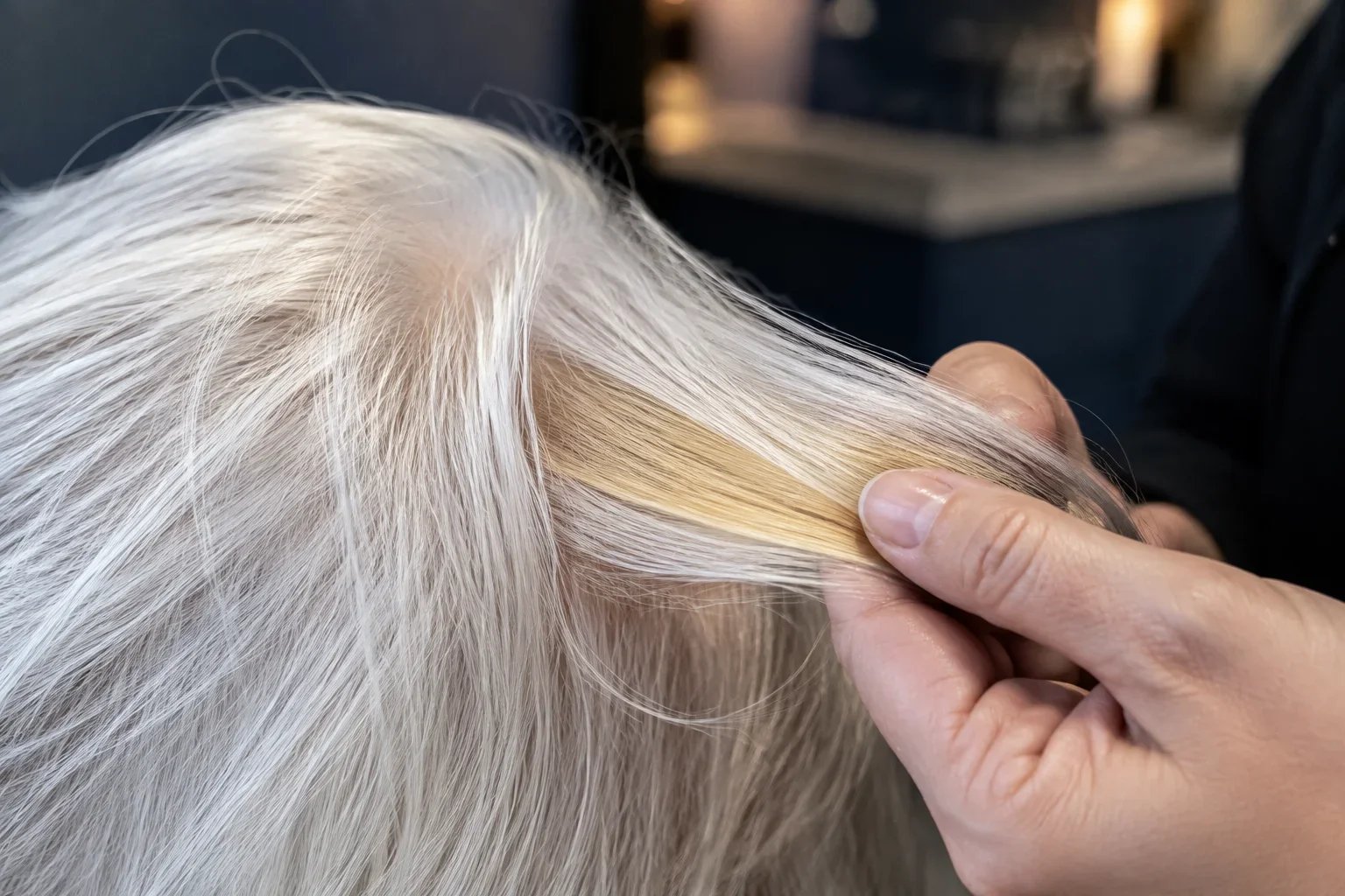 Detalle profesional de una zona con reflejo cálido en cabello blanco y plateado.